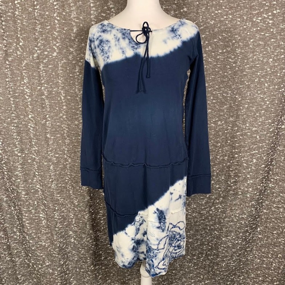 Athleta Blue/White Tie Dye Long Sleeve Tiered Dress Boho Artsy Women's Medium